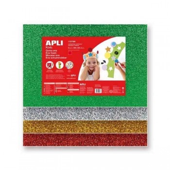 Láminas goma eva purpurina Apli 2mm 60x40cm colores surtidos en bolsas de 5 udes