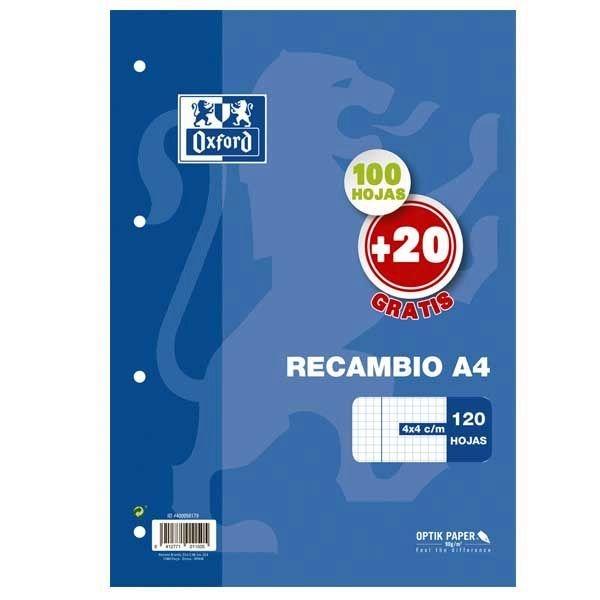 Recambio oxford - A4 - 4x4 - 4 taladros - 90 g - Bloc 100 hojas + 20 gratis