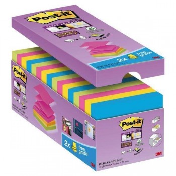 Notas adhesivas Post-it Super Sticky - 90 hojas - 76 x 76 mm - Colores surtidos - Pack 14 blocs + 2 