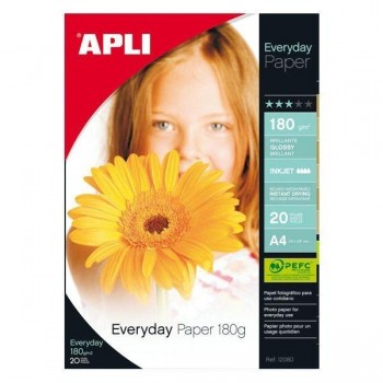 Paquete de 20hojas de papel fotográfico Everyday Apli glossy 180g A4